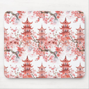 Tapis De Souris Aquarelle Pagode chinoise avec fleurs de cerisiers