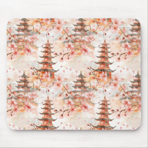 Tapis De Souris Aquarelle Pagode chinoise avec fleurs de cerisiers