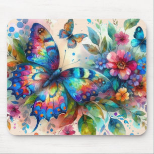 Tapis De Souris Aquarelle Papillon Floral Fleurs Bleu rose