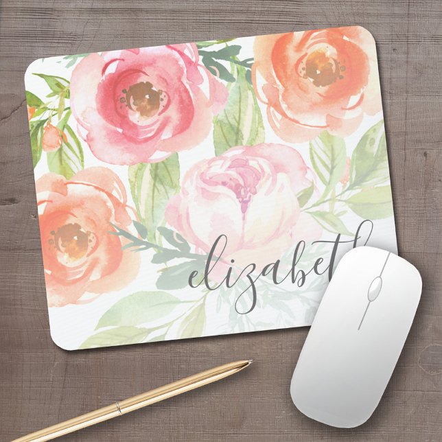Tapis De Souris Aquarelle peinte Fleurs Nom de calligraphie (Personalized Mousepad - Add Your name to this watercolor flower design)