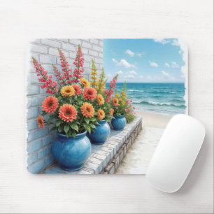 Tapis De Souris Aquarelle Plage Dahlias En Pots Bleus