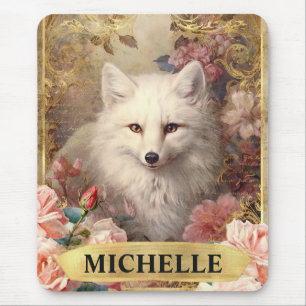 Tapis De Souris Aquarelle Renard Blanc Vintage et Roses Roses