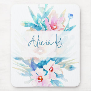 Tapis De Souris Aquarelle rose et bleu florale personnalisée