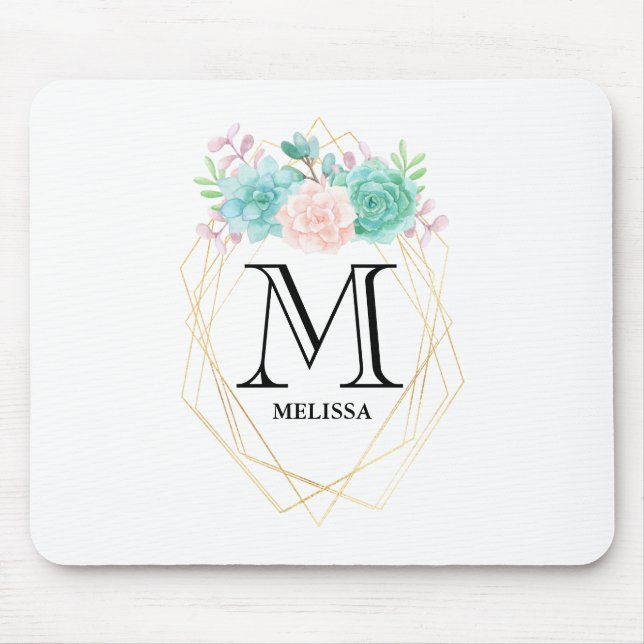 Tapis De Souris Aquarelle rose et vert moderne Succulents Monogram (Devant)