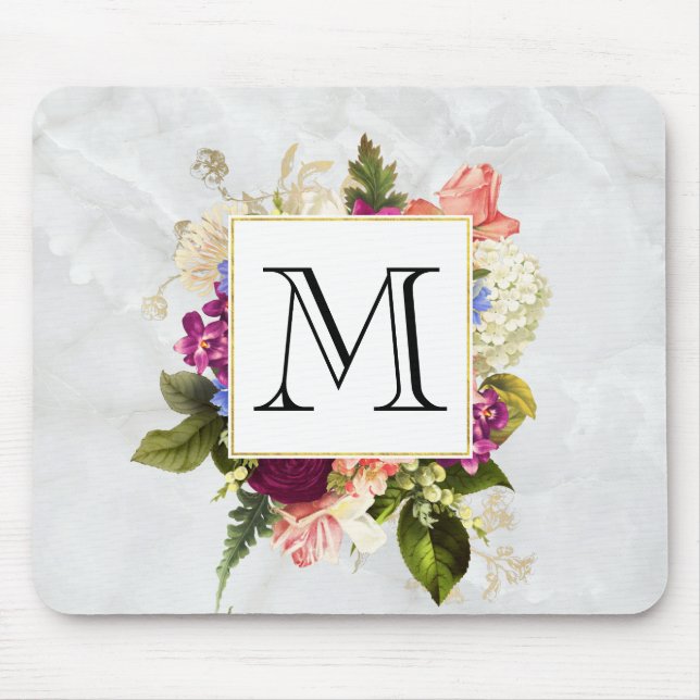 Tapis De Souris Aquarelle rose moderne Bouquet floral Monogramme (Devant)