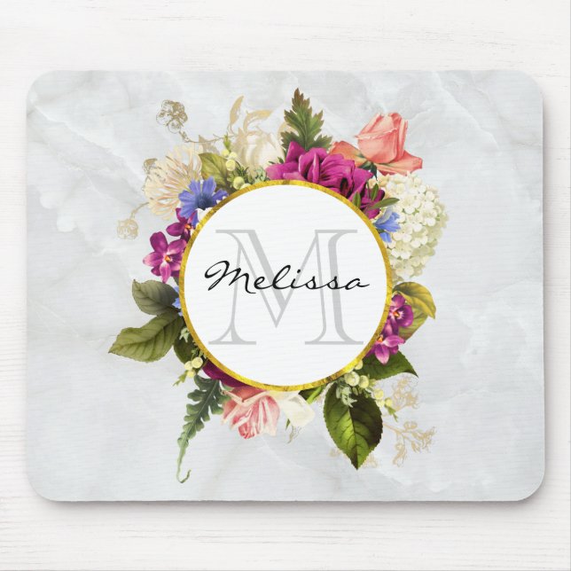 Tapis De Souris Aquarelle rose moderne Bouquet floral Monogramme (Devant)