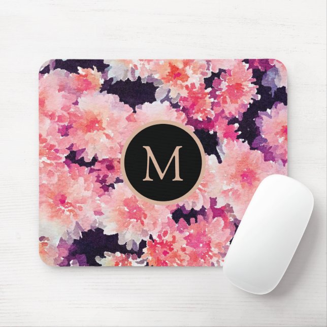 Tapis De Souris Aquarelle rose monogramme abstraite (Avec souris)
