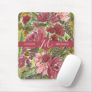 Tapis De Souris Aquarelle rose Monogramme floral avec nom