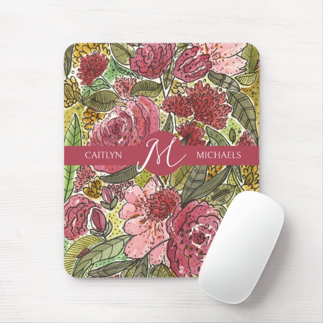Tapis De Souris Aquarelle rose Monogramme floral avec nom (Avec souris)