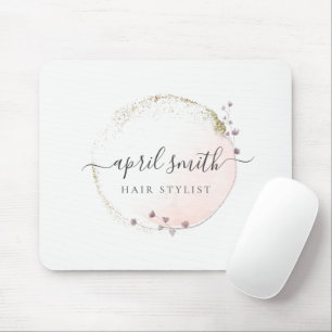 Tapis De Souris Aquarelle rose pâle Or Cercle Floral Wreath 