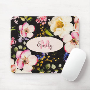 Tapis De Souris Aquarelle rose Roses jaunes sur noir, Monogramme M