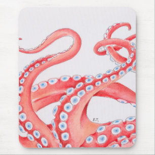 Tapis De Souris Aquarelle rouge Tentacles Octopus