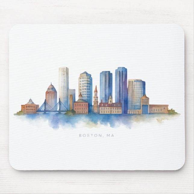 Tapis De Souris Aquarelle Skyline de Boston City | MA Boston moder (Devant)