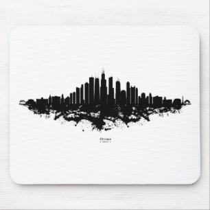 Tapis De Souris Aquarelle Skyline de Chicago noir et blanc