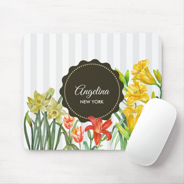 Tapis De Souris Aquarelle Tulipe de perroquet jaune orange (Avec souris)