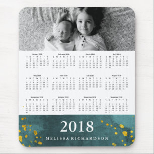 Tapis De Souris Aquarelle Turquoise foncée et Gold 2018 Calendrie