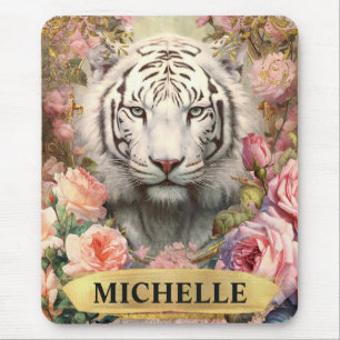 Tapis De Souris Aquarelle Vintage Tigre Blanc et Roses Roses