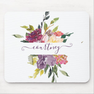 Tapis De Souris Aquarelle violette et rouge florale personnalisée