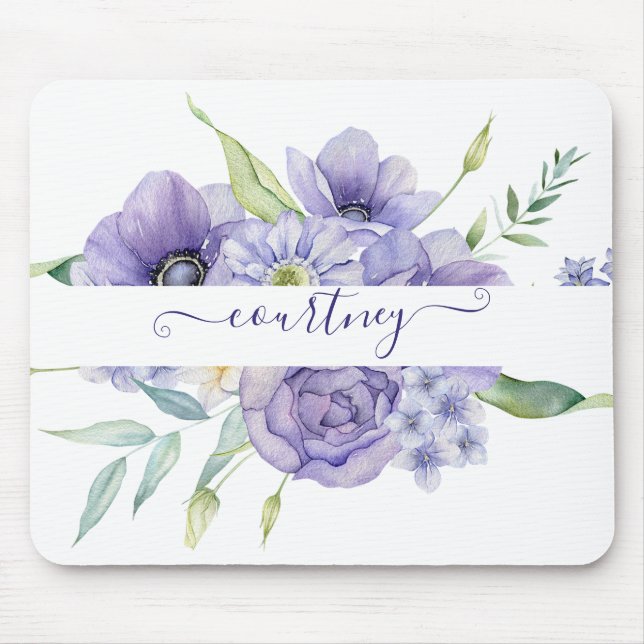 Tapis De Souris Aquarelle violette florale personnalisée (Devant)