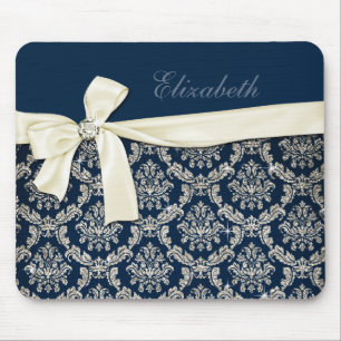 Tapis De Souris Arc argenté bleu élégant de diamant de damassé
