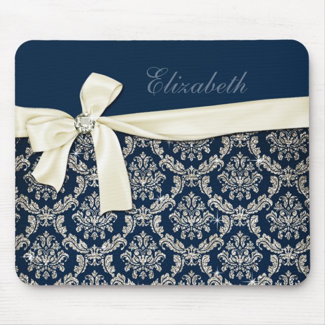 Tapis De Souris Arc argenté bleu élégant de diamant de damassé (Devant)