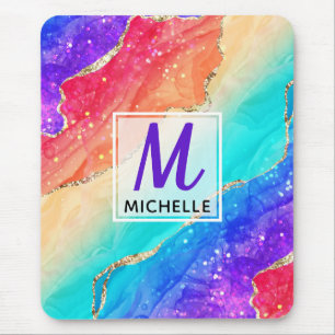 Tapis De Souris Arc-en-ciel brillant & Monogramme en agate fausse