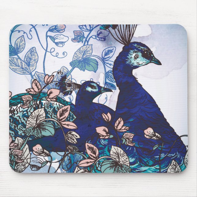 Tapis De Souris Arrière - plan floral avec des paons (Devant)