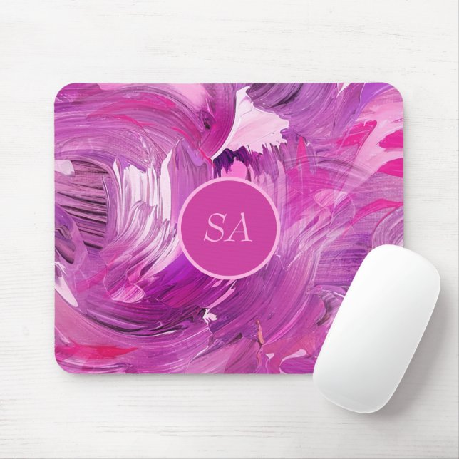 Tapis De Souris Art Abstrait Monogramme Rose Violet Coup de Pincea (Avec souris)