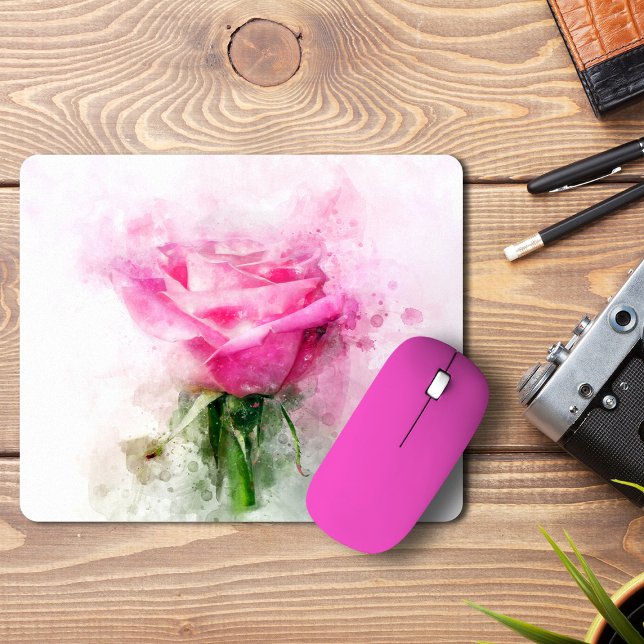 Tapis De Souris Art aquarelle de rose rose sur fond blanc (Pink Rose Watercolor Art on White Background. Mouse Pad)