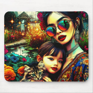Tapis De Souris Art Coloré Maman et Fille Jardin de Fleurs Asiatiq
