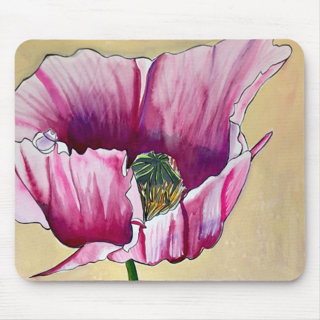Tapis De Souris Art de fleur de pavot rose aquarelle (Devant)