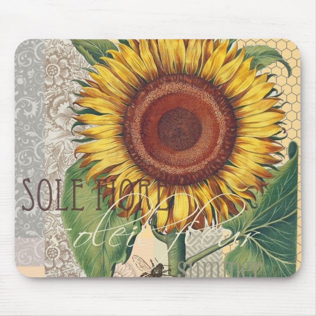 Tapis De Souris Art de motif de fleur de damas vintage tournesol (Devant)