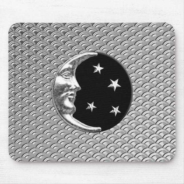Tapis De Souris Art Déco Lune et étoiles - Noir et Argent (Devant)
