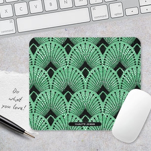 Tapis De Souris Art Déco Vert Noir Blanc Rétro Peacock Motif