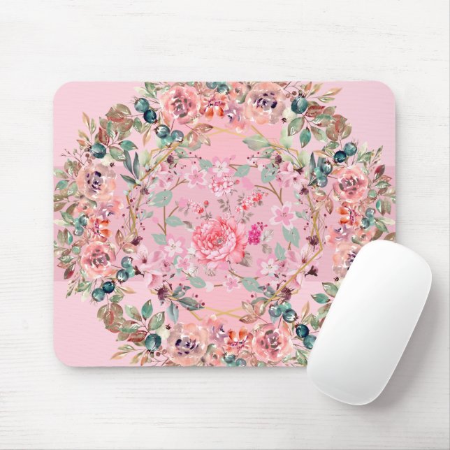 Tapis De Souris Art Graphique Floral, Couronne Florale Rose (Avec souris)