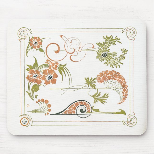 Tapis De Souris Art nouveau Mucha floral abstrait art pêches vert (Devant)