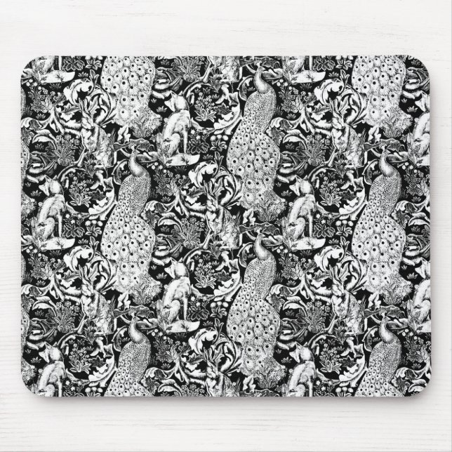Tapis De Souris Art Nouveau Peacock Print, noir et blanc (Devant)