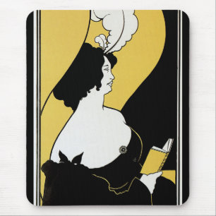 Tapis De Souris Art Nouveau vintage, femme lisant un livre jaune