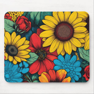 Tapis De Souris Art Pop Vibrant Design floral avec tournesols