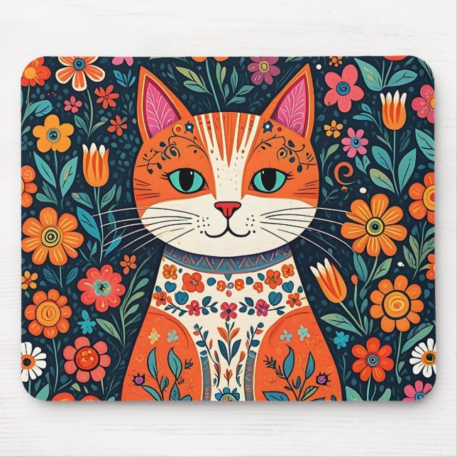Tapis De Souris Art populaire Whimsical Chat et Fleurs (Devant)