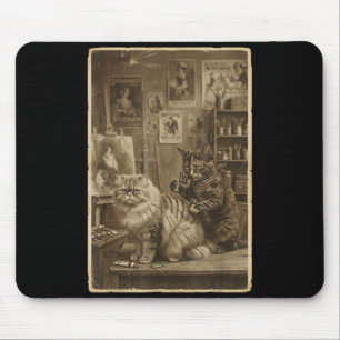 Tapis De Souris Artiste de tatouage de chat sépia vintage mignon