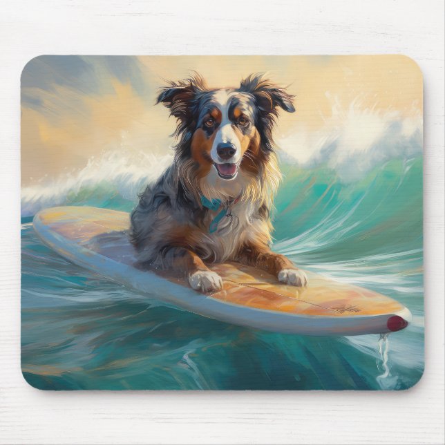 Tapis De Souris Australian Shepherd Beach Surfing Peinture (Devant)