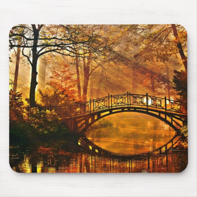 Tapis De Souris Automne - Vieux pont en automne parc brouillard (Devant)