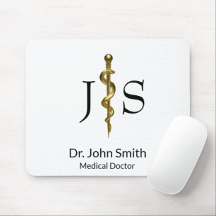 Tapis De Souris Baguette Médicale d'Asclepius Gold sur blanc