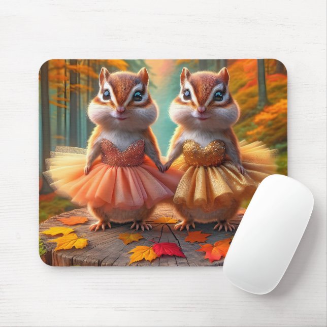 Tapis De Souris Ballerina Chipmund sur une tige d'arbre d'automne (Avec souris)