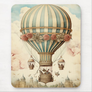 Tapis De Souris Balloon à air chaud vintage Floral Bleu