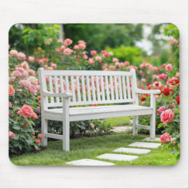 Tapis De Souris Banc blanc dans un jardin Rose d'été