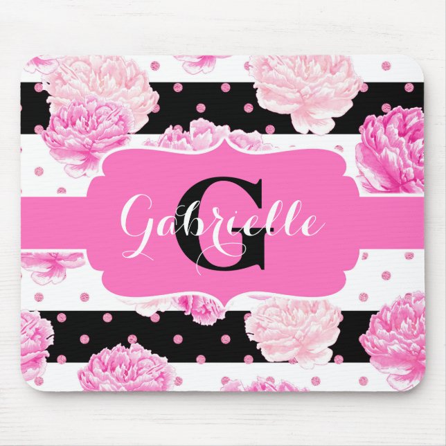 Tapis De Souris Bandes horizontales noires et blanches Monogramme  (Devant)