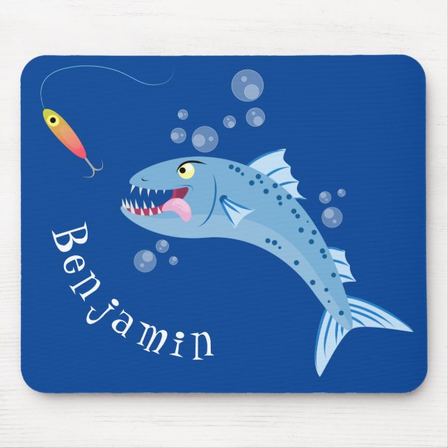 Tapis De Souris Barracuda poisson affamé de la pêche dessin animé (Devant)
