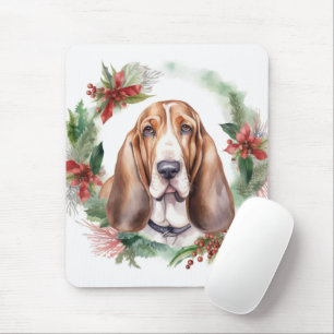 Tapis De Souris Basset Hound Festive Wreath de Noël Pup